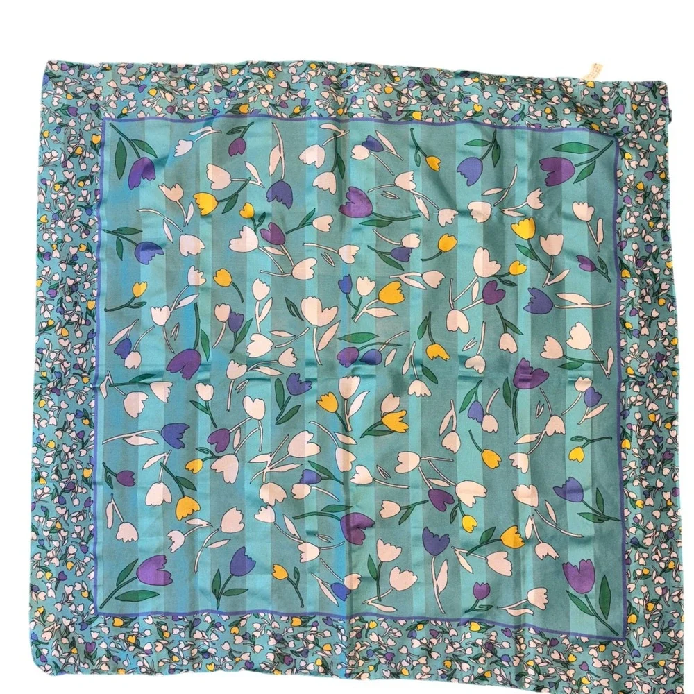 Vintage 70s Italian Floral Square Scarf Teal Purple Yellow‎ Tulip Print